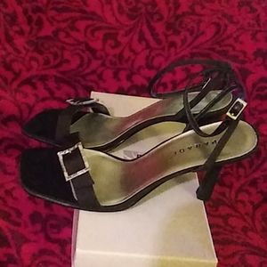 PARADE Black holiday satin ankle strap heels